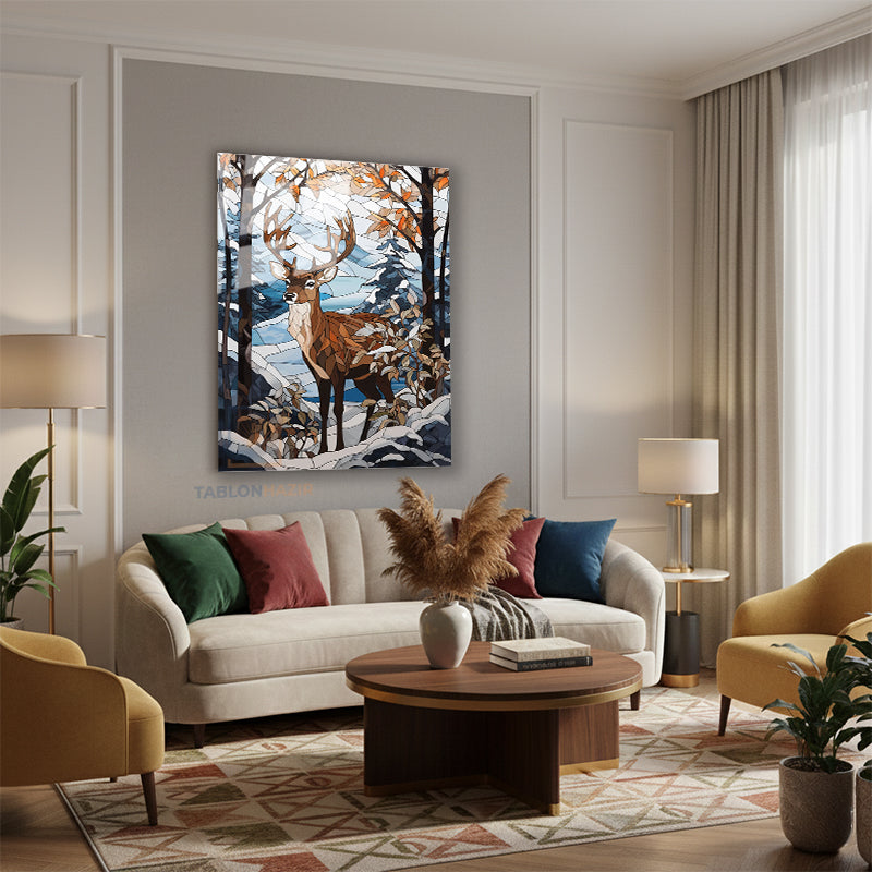 Dikey Cam Tablo Salon Duvar Tablosu Dikey Cam Geyik Kis Yeni Ev Hediyesi Ofis Tablosu