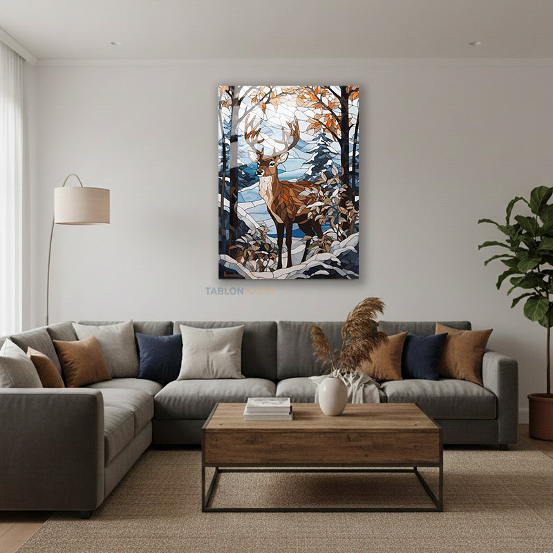 Dikey Cam Tablo Salon Duvar Tablosu Dikey Cam Geyik Kis Yeni Ev Hediyesi Ofis Tablosu