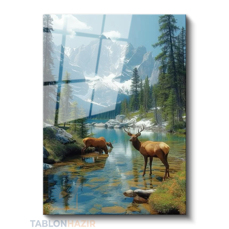 Dikey Cam Tablo Salon Duvar Tablosu Dikey Cam Geyik Manzara Yeni Ev Hediyesi Ofis Tablosu