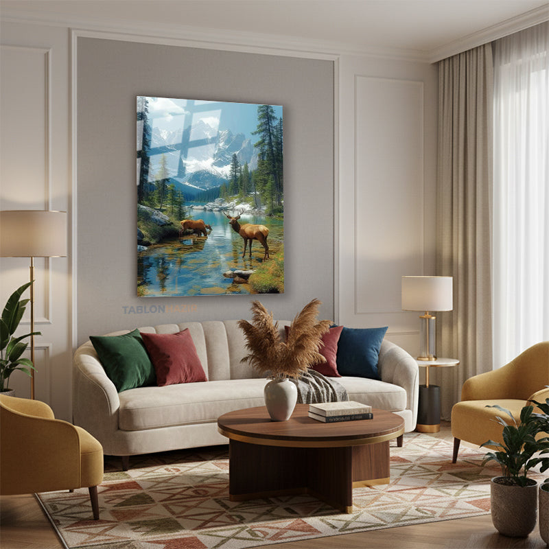 Dikey Cam Tablo Salon Duvar Tablosu Dikey Cam Geyik Manzara Yeni Ev Hediyesi Ofis Tablosu