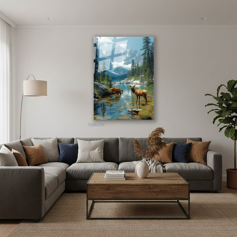 Dikey Cam Tablo Salon Duvar Tablosu Dikey Cam Geyik Manzara Yeni Ev Hediyesi Ofis Tablosu