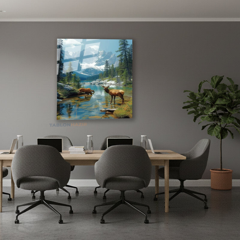 Dikey Cam Tablo Salon Duvar Tablosu Dikey Cam Geyik Manzara Yeni Ev Hediyesi Ofis Tablosu