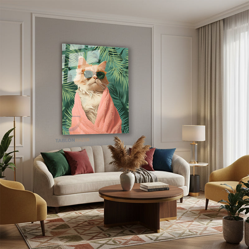 Dikey Cam Tablo Salon Duvar Tablosu Dikey Cam Gozluklu Kedi Karizmatik Yeni Ev Hediyesi Ofis Tablosu