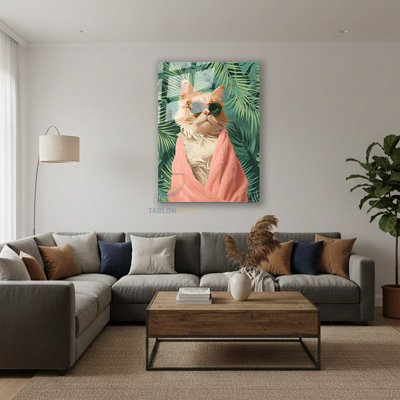 Dikey Cam Tablo Salon Duvar Tablosu Dikey Cam Gozluklu Kedi Karizmatik Yeni Ev Hediyesi Ofis Tablosu