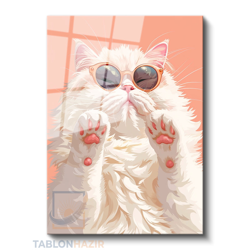 Dikey Cam Tablo Salon Duvar Tablosu Dikey Cam Karizma Beyaz Kedi Yeni Ev Hediyesi Ofis Tablosu