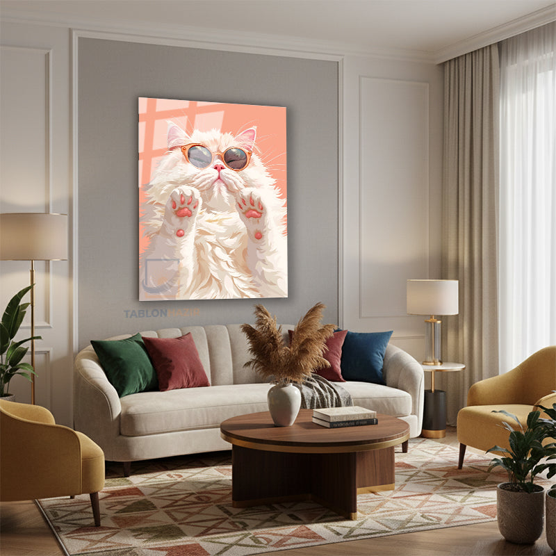 Dikey Cam Tablo Salon Duvar Tablosu Dikey Cam Karizma Beyaz Kedi Yeni Ev Hediyesi Ofis Tablosu