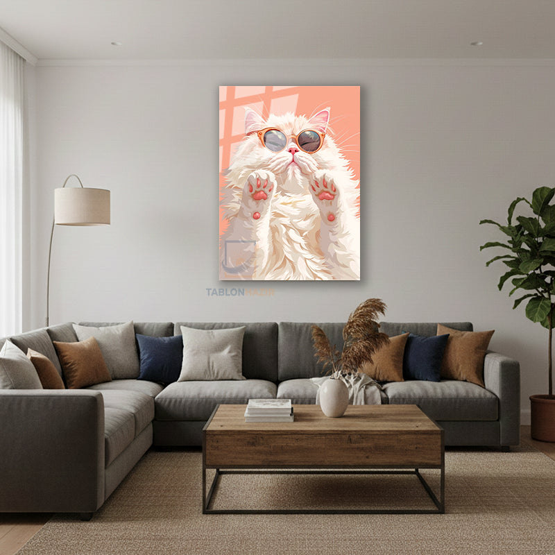 Dikey Cam Tablo Salon Duvar Tablosu Dikey Cam Karizma Beyaz Kedi Yeni Ev Hediyesi Ofis Tablosu
