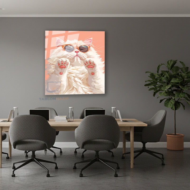 Dikey Cam Tablo Salon Duvar Tablosu Dikey Cam Karizma Beyaz Kedi Yeni Ev Hediyesi Ofis Tablosu
