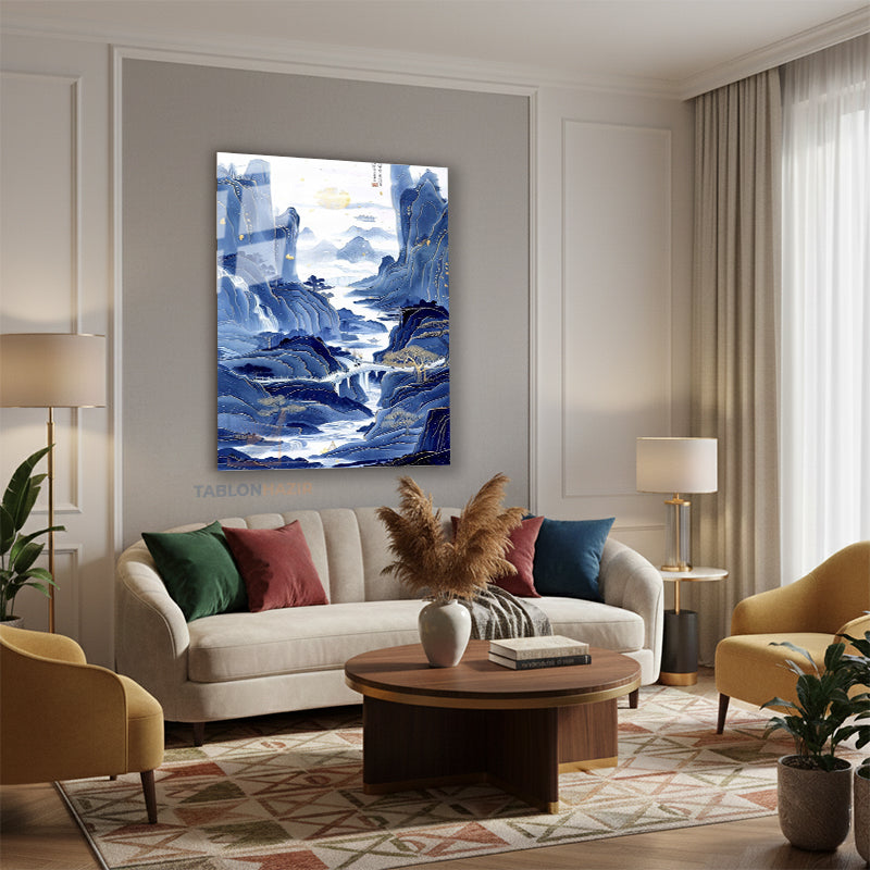 Dikey Cam Tablo Salon Duvar Tablosu Dikey Cam Mavi Japon Manzara Yeni Ev Hediyesi Ofis Tablosu