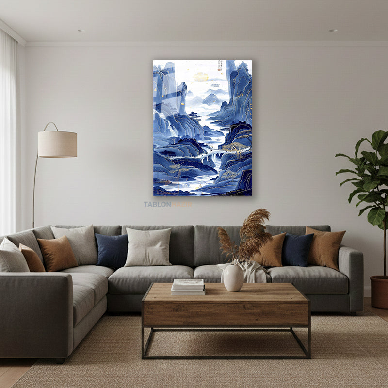 Dikey Cam Tablo Salon Duvar Tablosu Dikey Cam Mavi Japon Manzara Yeni Ev Hediyesi Ofis Tablosu
