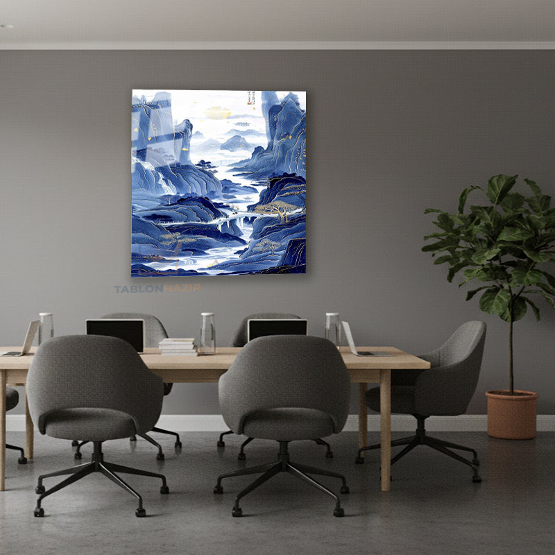 Dikey Cam Tablo Salon Duvar Tablosu Dikey Cam Mavi Japon Manzara Yeni Ev Hediyesi Ofis Tablosu
