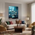 Dikey Cam Tablo Salon Duvar Tablosu Dikey Cam Mavi Vazodaki Cicekler Yeni Ev Hediyesi Ofis Tablosu