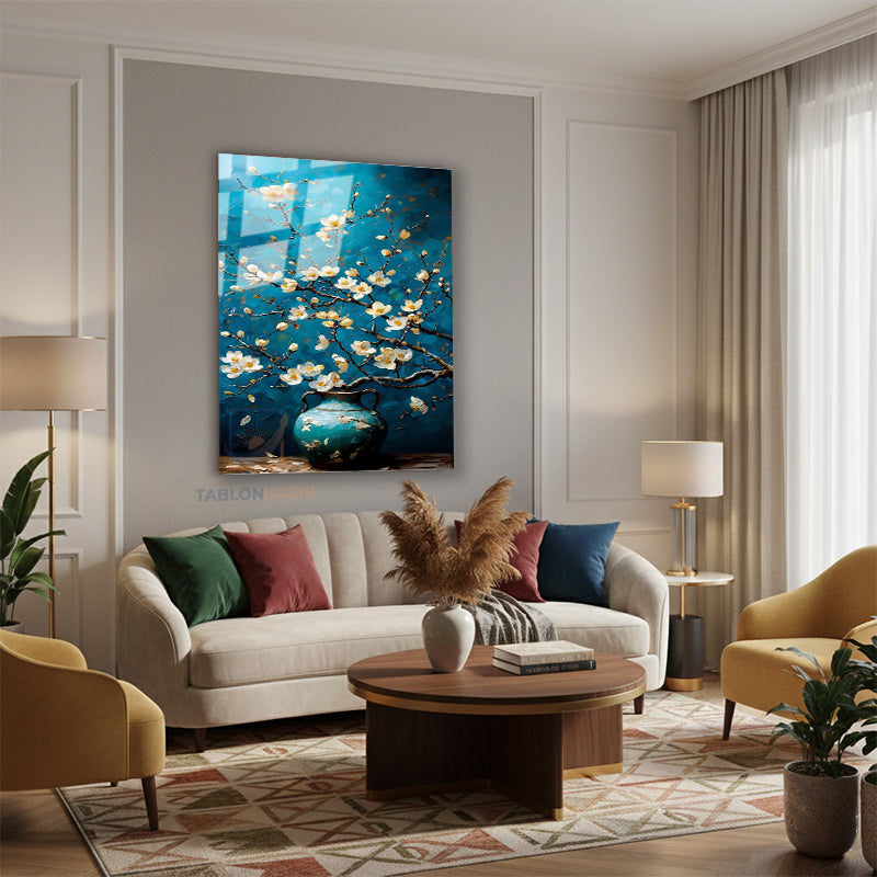 Dikey Cam Tablo Salon Duvar Tablosu Dikey Cam Mavi Vazodaki Cicekler Yeni Ev Hediyesi Ofis Tablosu
