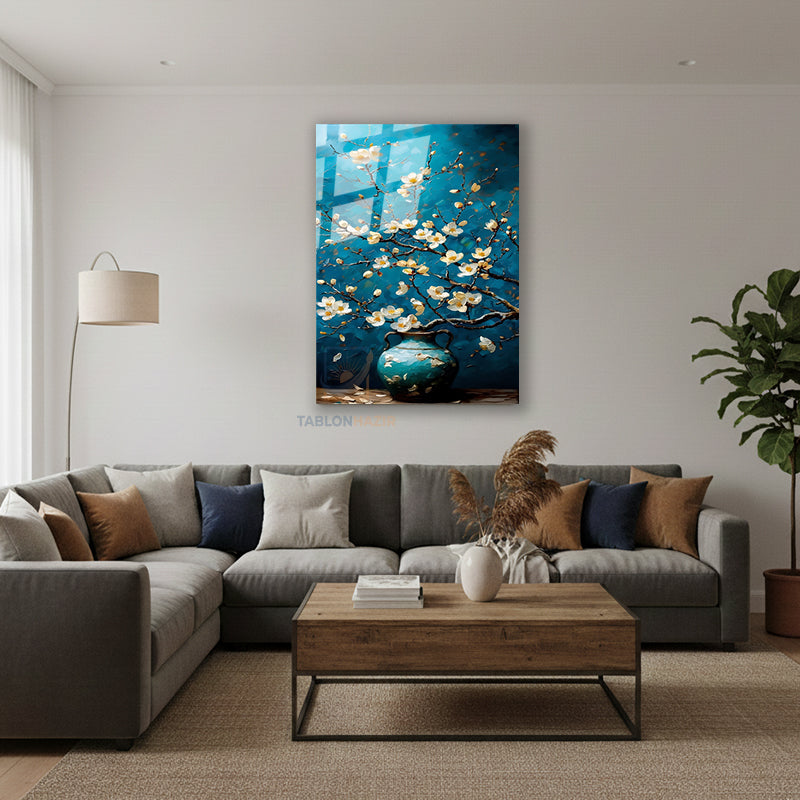 Dikey Cam Tablo Salon Duvar Tablosu Dikey Cam Mavi Vazodaki Cicekler Yeni Ev Hediyesi Ofis Tablosu