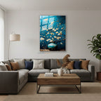 Dikey Cam Tablo Salon Duvar Tablosu Dikey Cam Mavi Vazodaki Cicekler Yeni Ev Hediyesi Ofis Tablosu