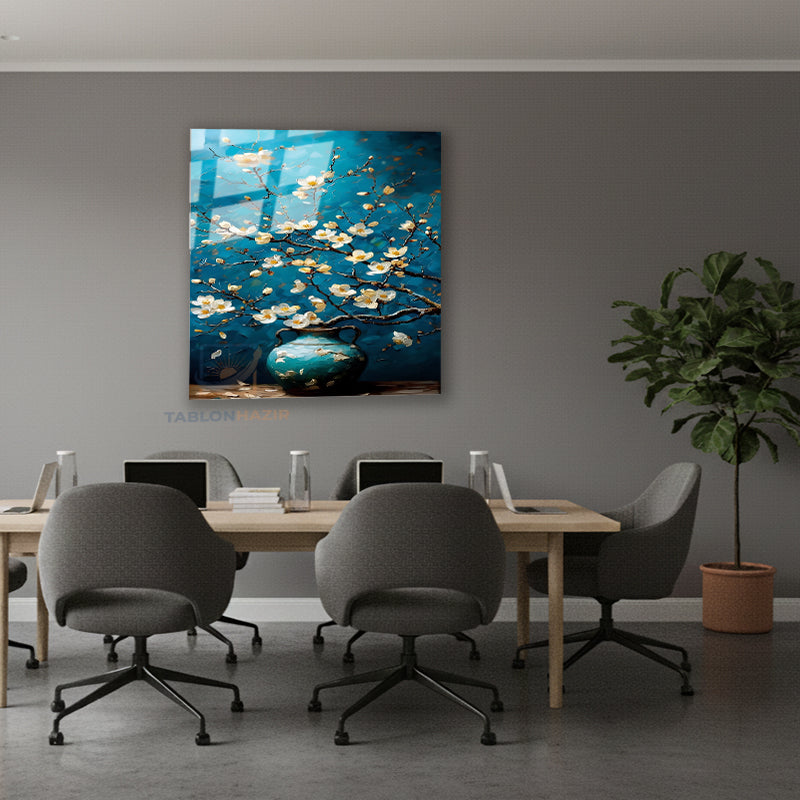 Dikey Cam Tablo Salon Duvar Tablosu Dikey Cam Mavi Vazodaki Cicekler Yeni Ev Hediyesi Ofis Tablosu