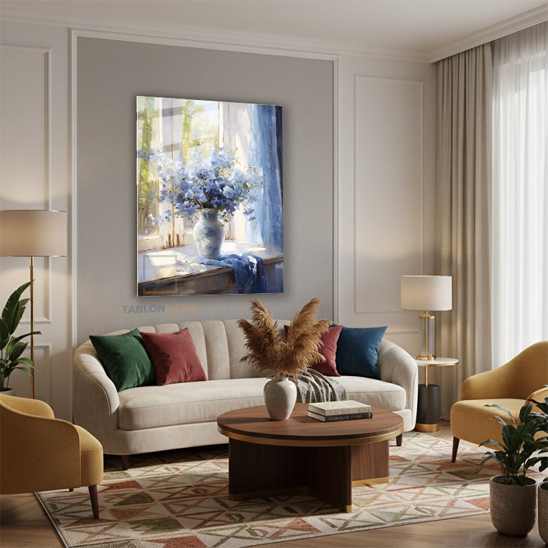 Dikey Cam Tablo Salon Duvar Tablosu Dikey Cam Mor Cicekler Vazo Yeni Ev Hediyesi Ofis Tablosu