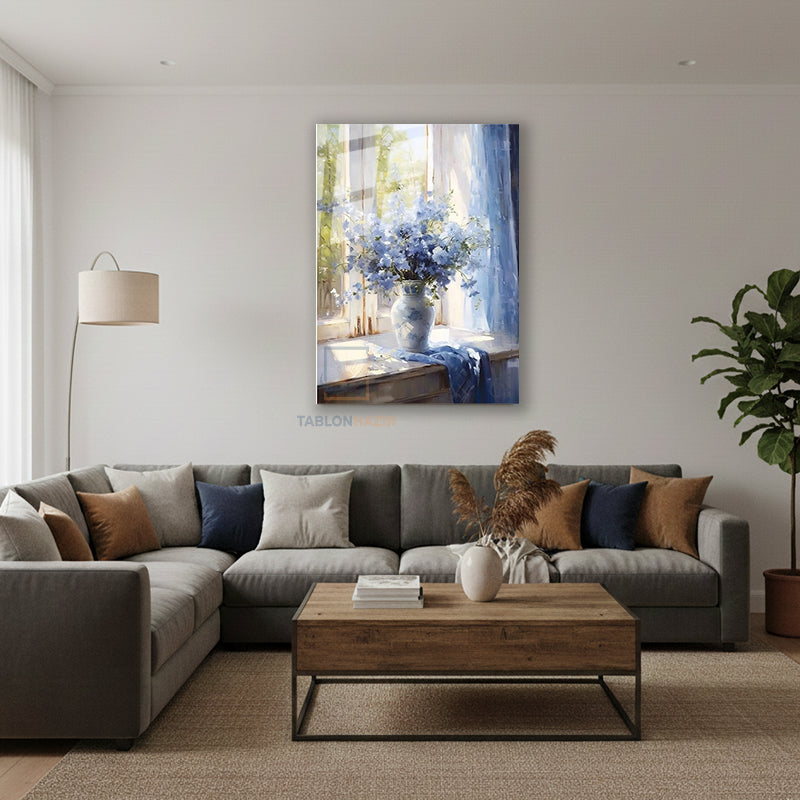 Dikey Cam Tablo Salon Duvar Tablosu Dikey Cam Mor Cicekler Vazo Yeni Ev Hediyesi Ofis Tablosu