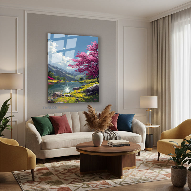 Dikey Cam Tablo Salon Duvar Tablosu Dikey Cam Nehir Manzara Yeni Ev Hediyesi Ofis Tablosu