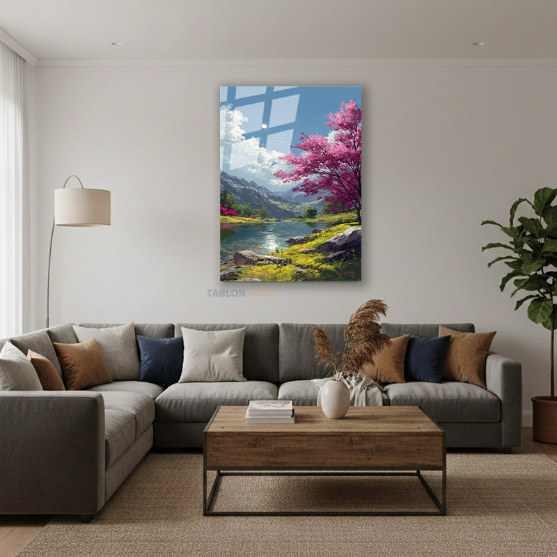 Dikey Cam Tablo Salon Duvar Tablosu Dikey Cam Nehir Manzara Yeni Ev Hediyesi Ofis Tablosu