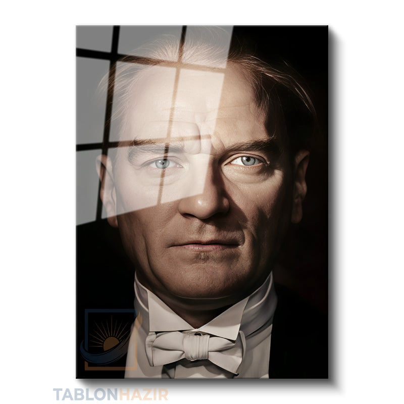 Dikey Cam Tablo Salon Duvar Tablosu Dikey Cam Papyonlu Ataturk Yeni Ev Hediyesi Ofis Tablosu