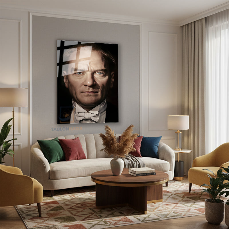 Dikey Cam Tablo Salon Duvar Tablosu Dikey Cam Papyonlu Ataturk Yeni Ev Hediyesi Ofis Tablosu