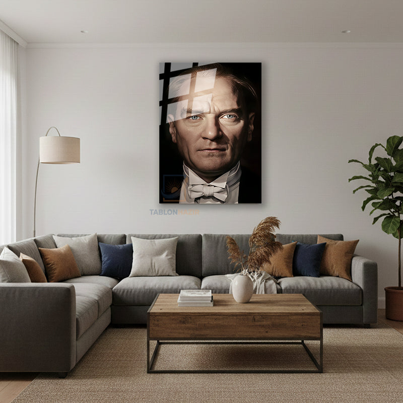 Dikey Cam Tablo Salon Duvar Tablosu Dikey Cam Papyonlu Ataturk Yeni Ev Hediyesi Ofis Tablosu