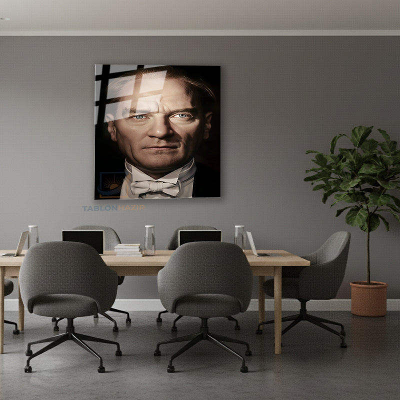 Dikey Cam Tablo Salon Duvar Tablosu Dikey Cam Papyonlu Ataturk Yeni Ev Hediyesi Ofis Tablosu