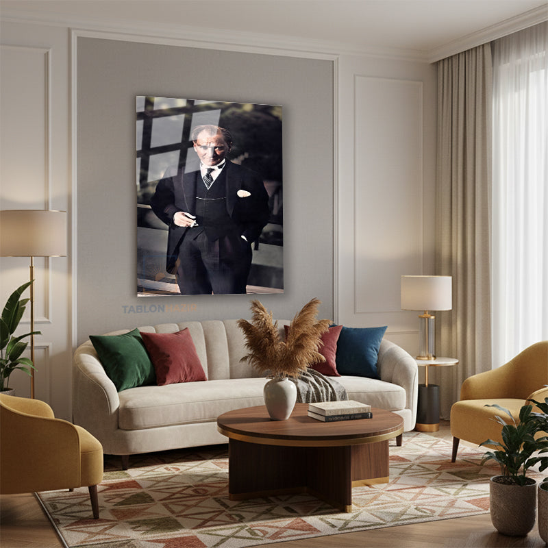 Dikey Cam Tablo Salon Duvar Tablosu Dikey Cam Renkli Klasik Ataturk Yeni Ev Hediyesi Ofis Tablosu