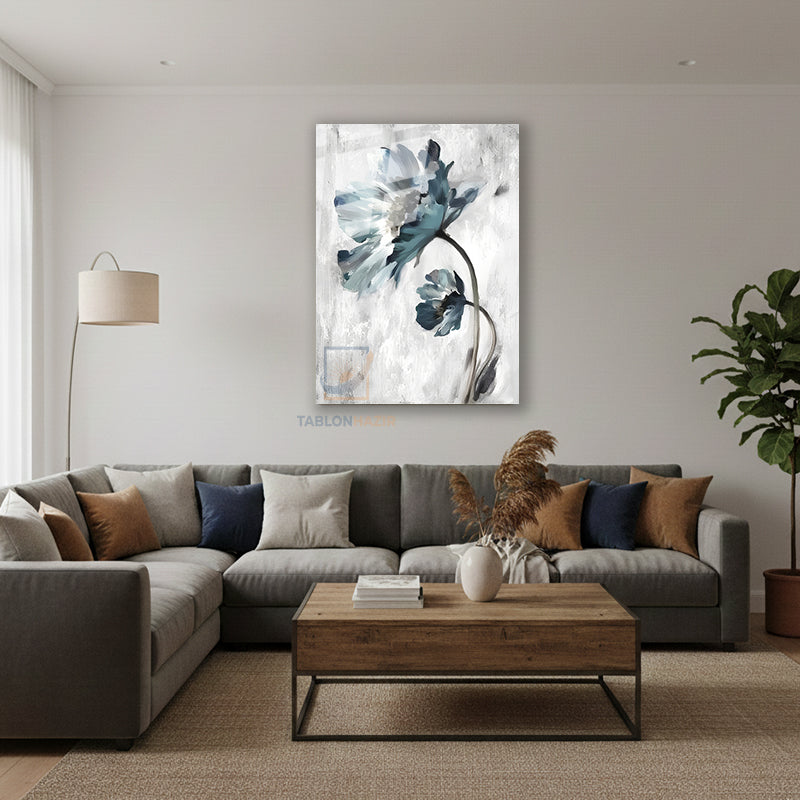 Dikey Cam Tablo Salon Duvar Tablosu Dikey Cam Soyut Mavi Cicek Yeni Ev Hediyesi Ofis Tablosu