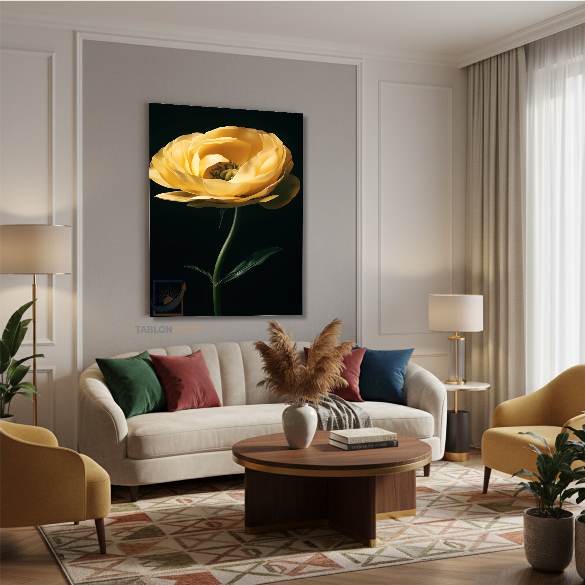 Dikey Kanvas Tablo Salon Duvar Tablosu Estetik Sari Çiçek Yeni Ev Hediyesi Ofis Tablosu
