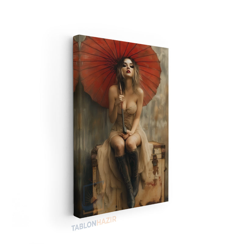 Dikey Kanvas Tablo Salon Duvar Tablosu Kirmizi Semsiyeli Kiz Yeni Ev Hediyesi Ofis Tablosu
