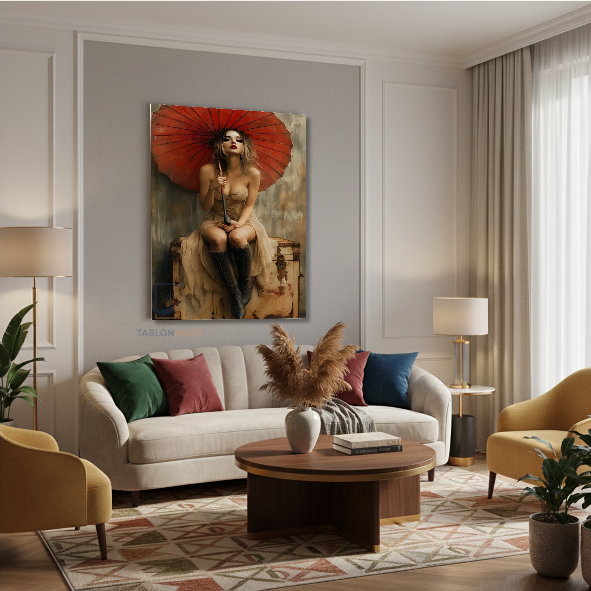 Dikey Kanvas Tablo Salon Duvar Tablosu Kirmizi Semsiyeli Kiz Yeni Ev Hediyesi Ofis Tablosu