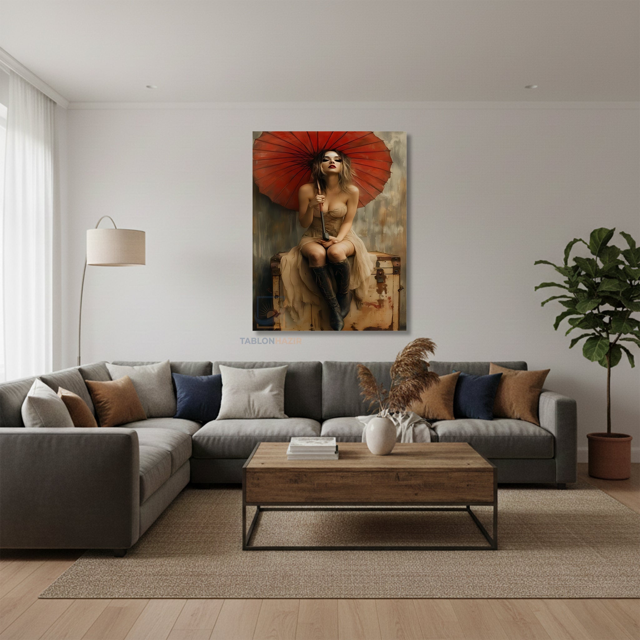 Dikey Kanvas Tablo Salon Duvar Tablosu Kirmizi Semsiyeli Kiz Yeni Ev Hediyesi Ofis Tablosu