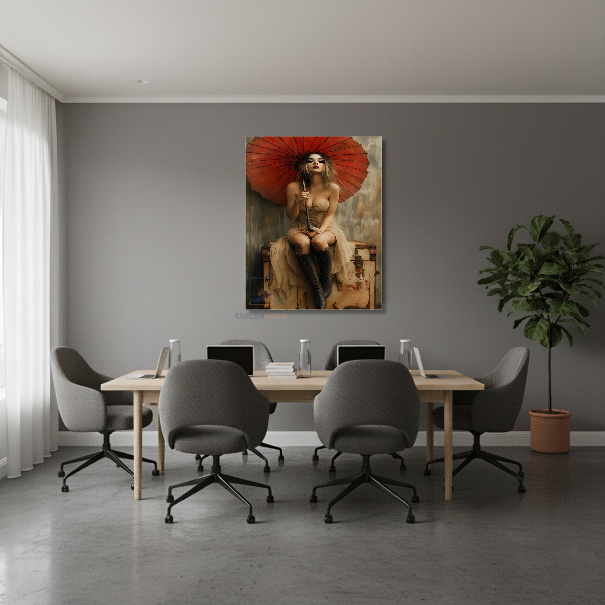 Dikey Kanvas Tablo Salon Duvar Tablosu Kirmizi Semsiyeli Kiz Yeni Ev Hediyesi Ofis Tablosu