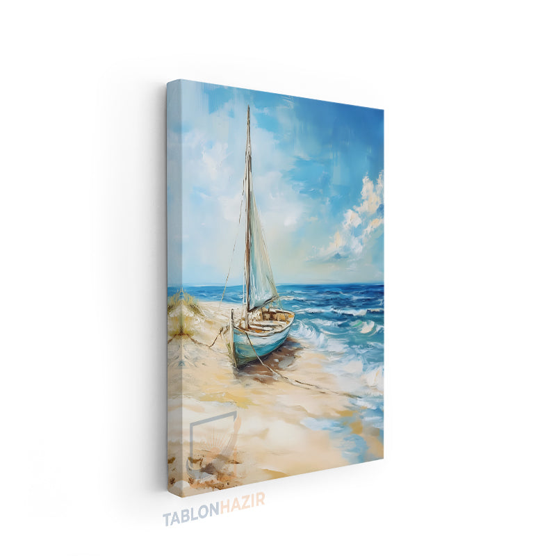 Dikey Kanvas Tablo Salon Duvar Tablosu Kiyiya Oturan Yelkenli Yeni Ev Hediyesi Ofis Tablosu