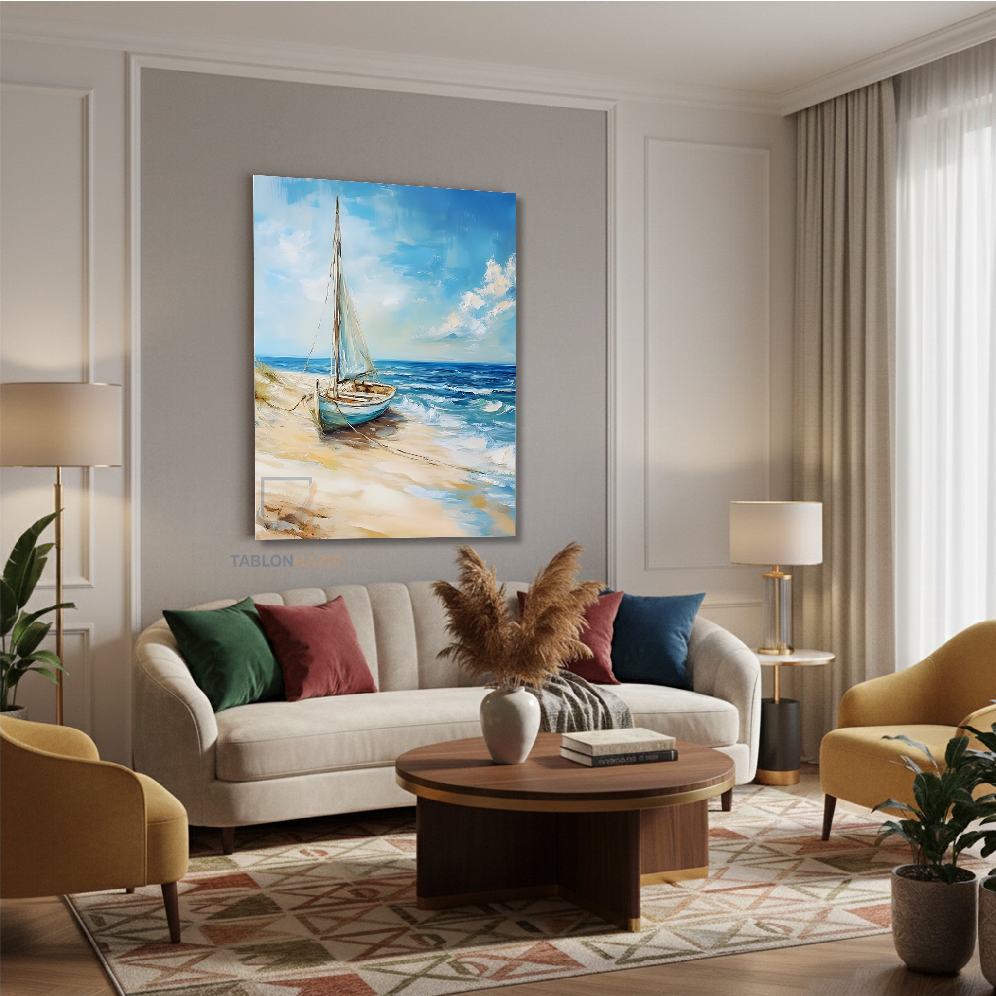 Dikey Kanvas Tablo Salon Duvar Tablosu Kiyiya Oturan Yelkenli Yeni Ev Hediyesi Ofis Tablosu