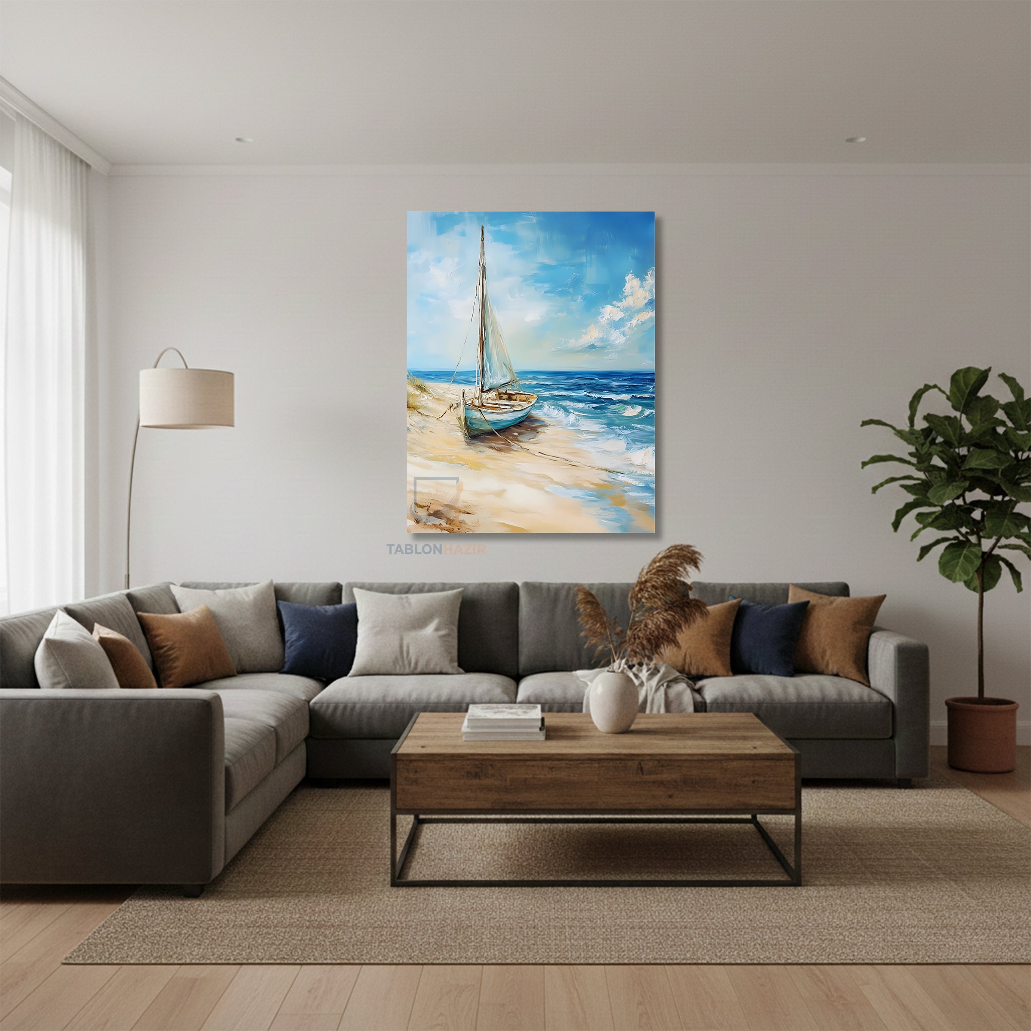 Dikey Kanvas Tablo Salon Duvar Tablosu Kiyiya Oturan Yelkenli Yeni Ev Hediyesi Ofis Tablosu