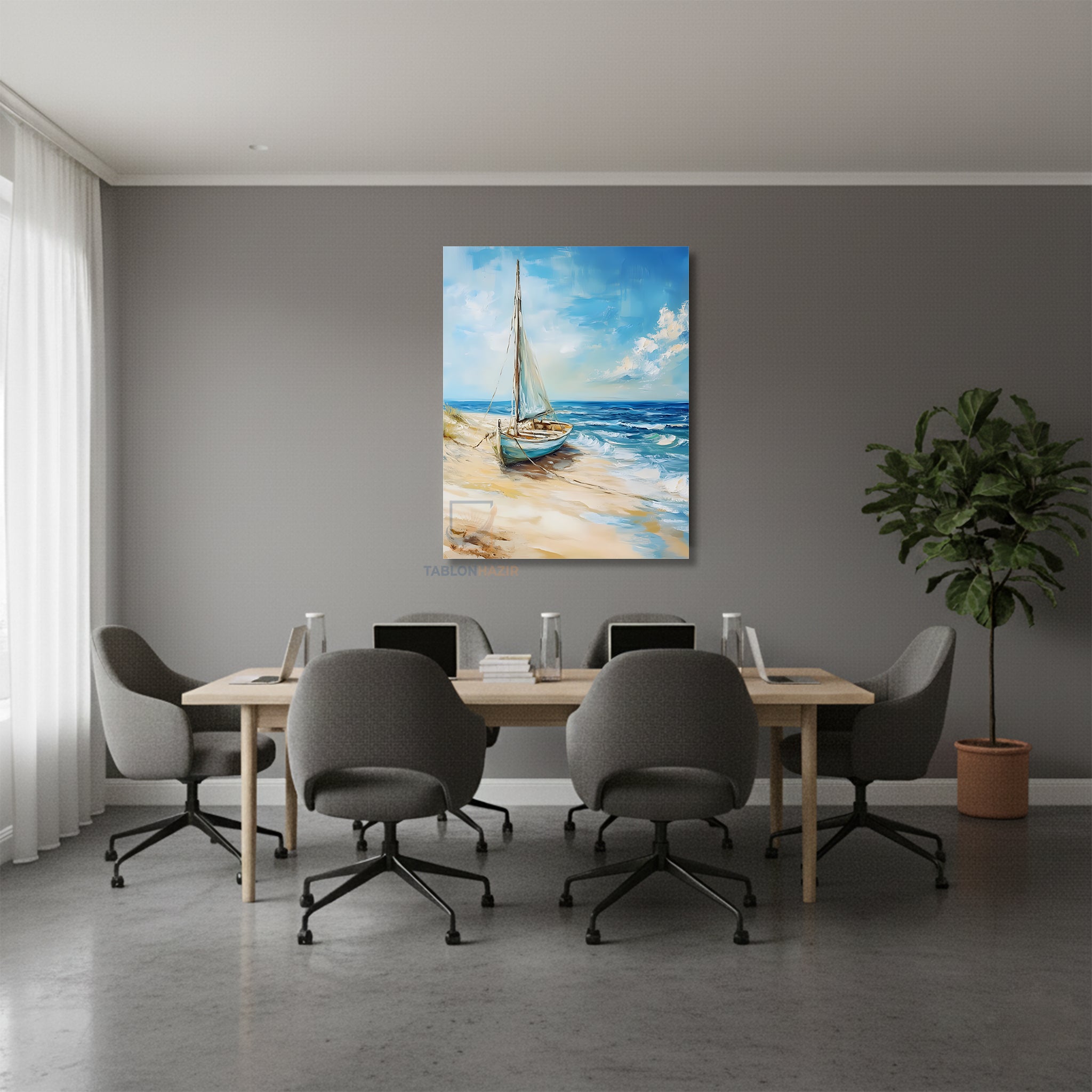 Dikey Kanvas Tablo Salon Duvar Tablosu Kiyiya Oturan Yelkenli Yeni Ev Hediyesi Ofis Tablosu