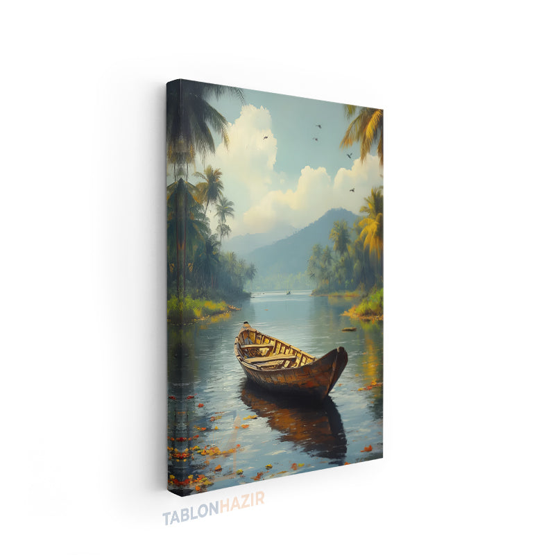 Dikey Kanvas Tablo Salon Duvar Tablosu Nehir Ve KAyık Yeni Ev Hediyesi Ofis Tablosu