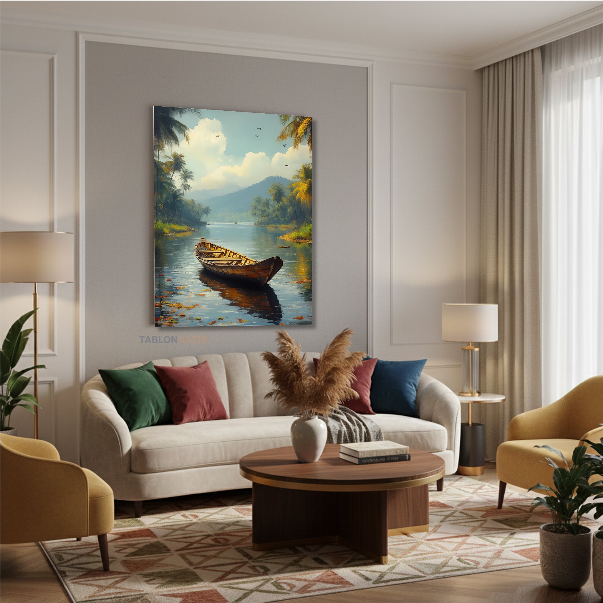 Dikey Kanvas Tablo Salon Duvar Tablosu Nehir Ve KAyık Yeni Ev Hediyesi Ofis Tablosu
