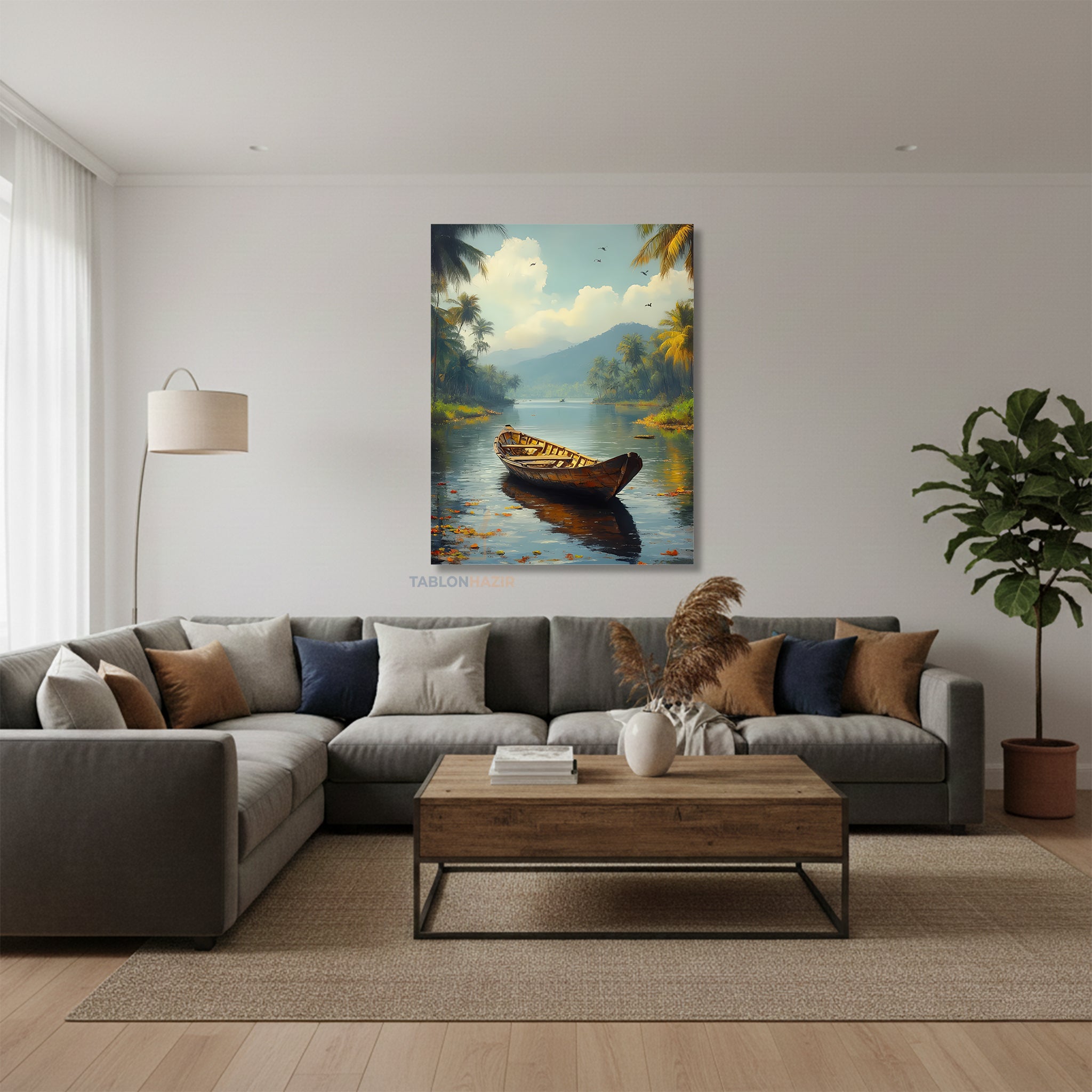 Dikey Kanvas Tablo Salon Duvar Tablosu Nehir Ve KAyık Yeni Ev Hediyesi Ofis Tablosu
