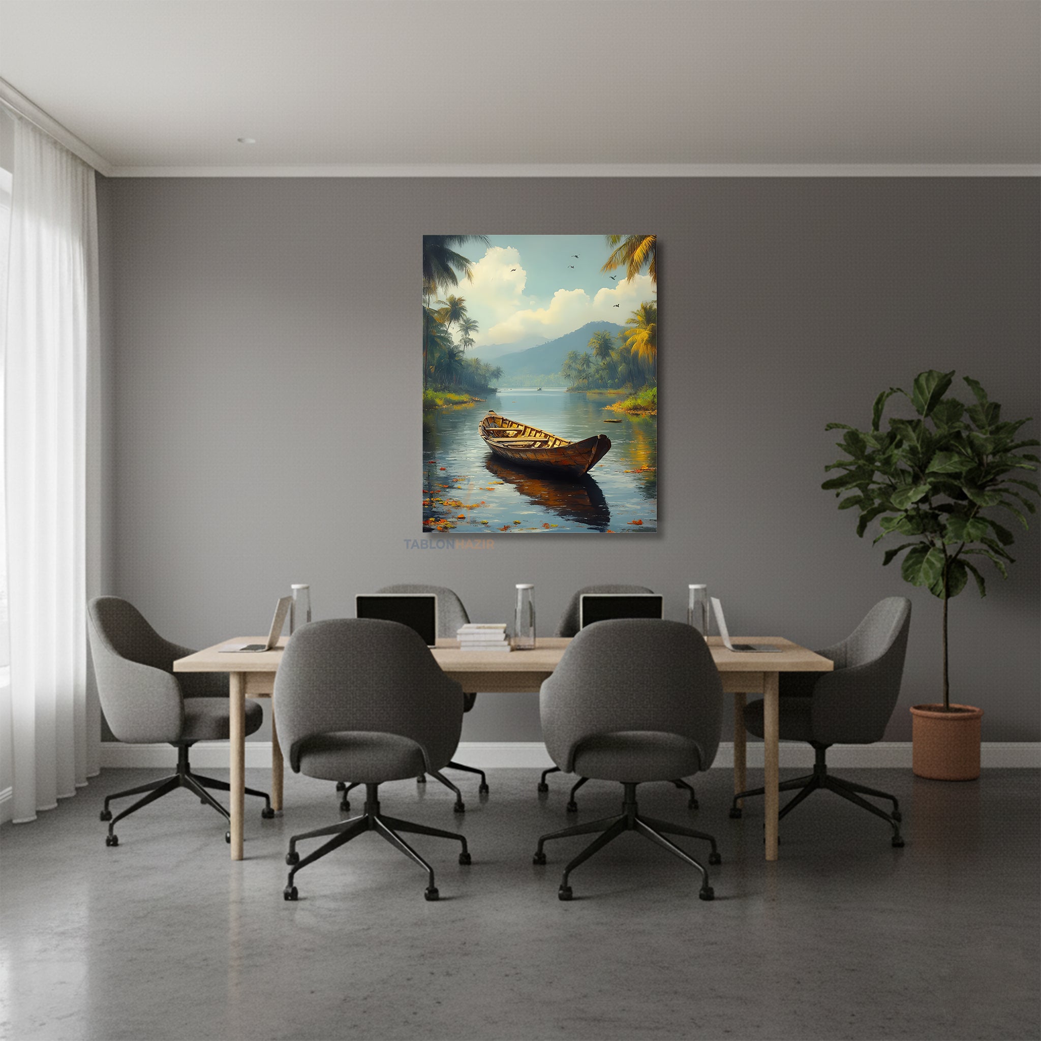 Dikey Kanvas Tablo Salon Duvar Tablosu Nehir Ve KAyık Yeni Ev Hediyesi Ofis Tablosu