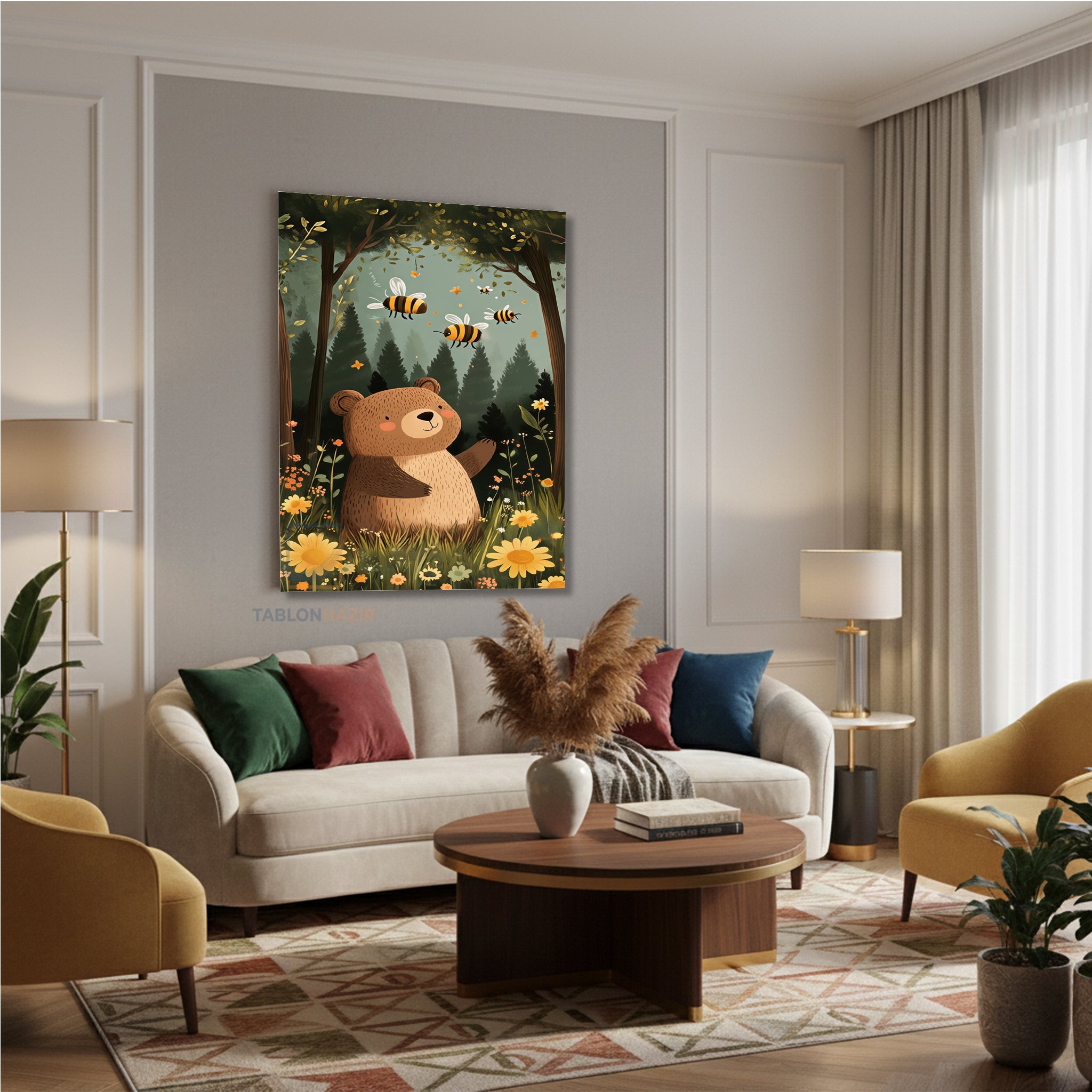 Dikey Kanvas Tablo Salon Duvar Tablosu Sevimli Ayı Ve Ari Yeni Ev Hediyesi Ofis Tablosu