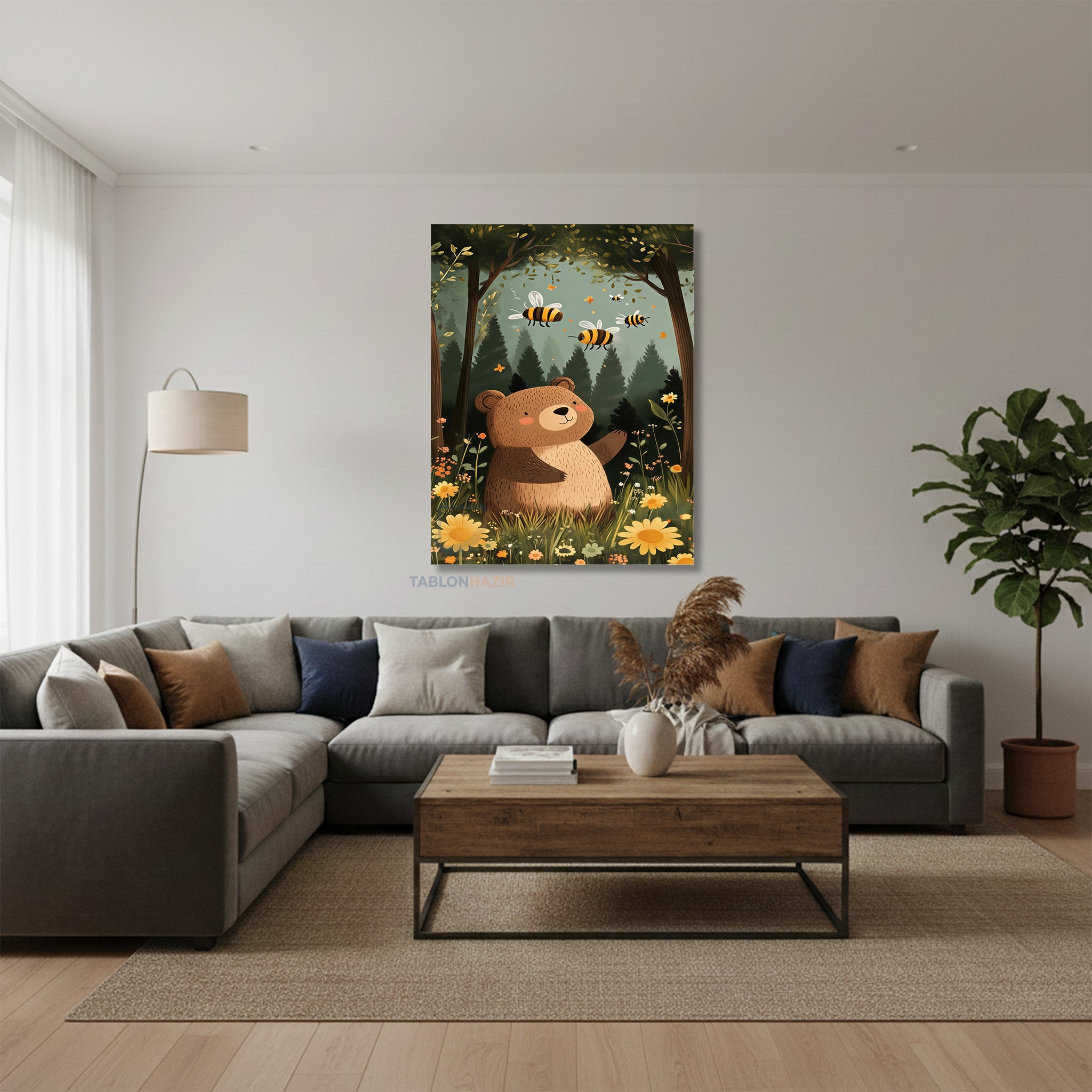 Dikey Kanvas Tablo Salon Duvar Tablosu Sevimli Ayı Ve Ari Yeni Ev Hediyesi Ofis Tablosu