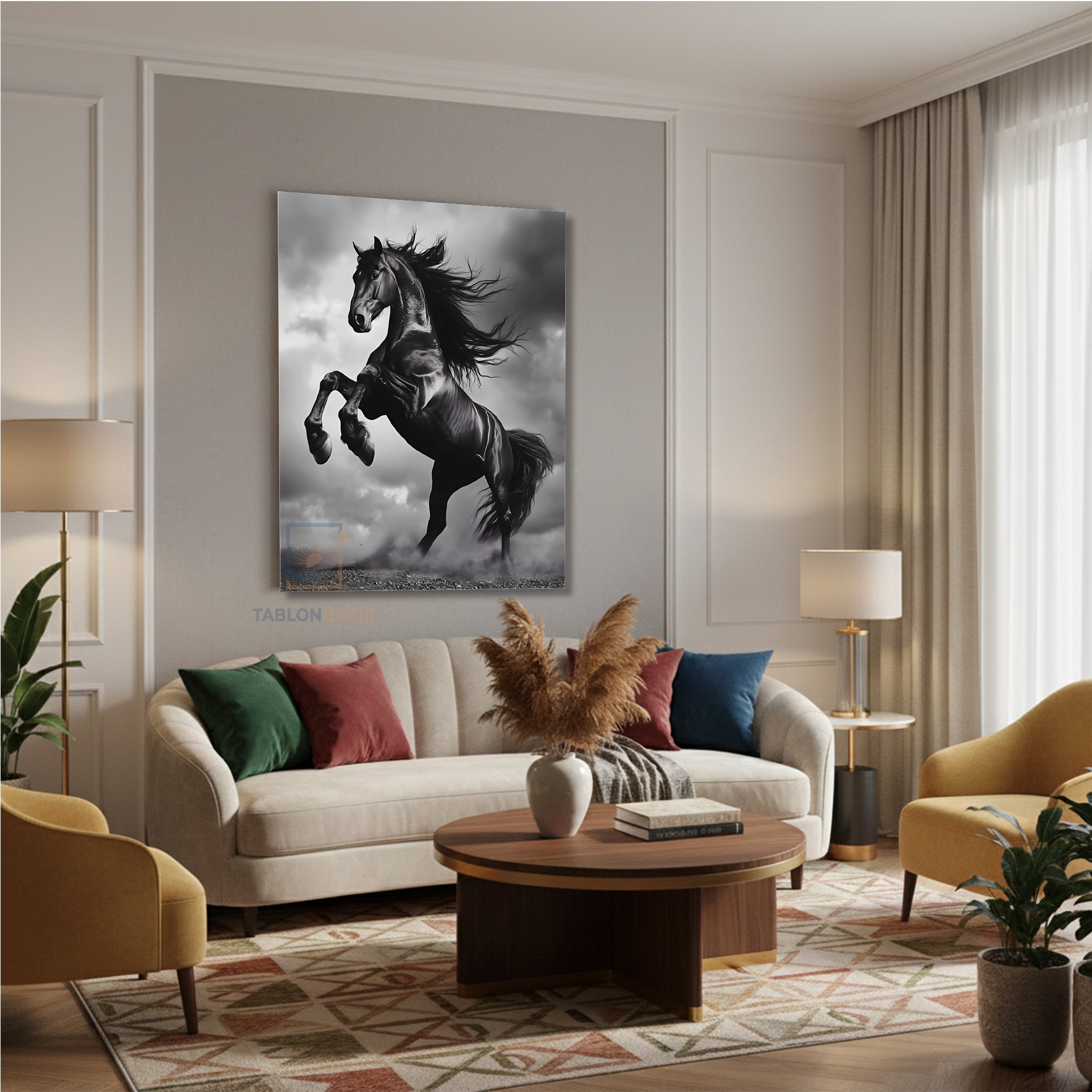 Dikey Kanvas Tablo Salon Duvar Tablosu Siyah Asil At Yeni Ev Hediyesi Ofis Tablosu