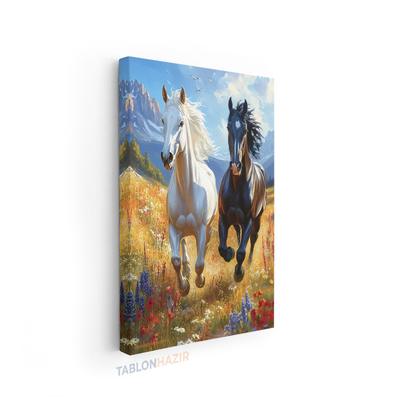 Dikey Kanvas Tablo Salon Duvar Tablosu Siyah Beyaz Kosan Atlar Yeni Ev Hediyesi Ofis Tablosu