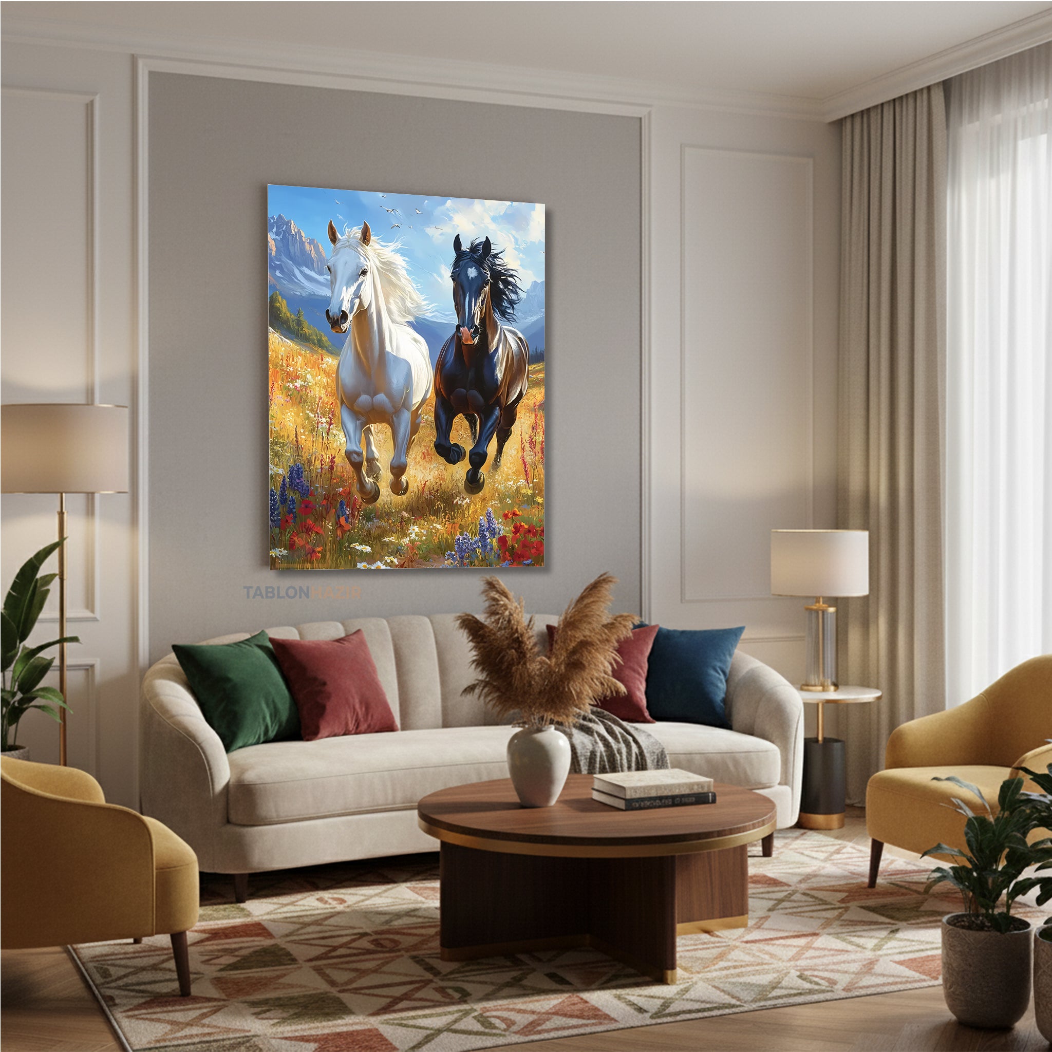 Dikey Kanvas Tablo Salon Duvar Tablosu Siyah Beyaz Kosan Atlar Yeni Ev Hediyesi Ofis Tablosu