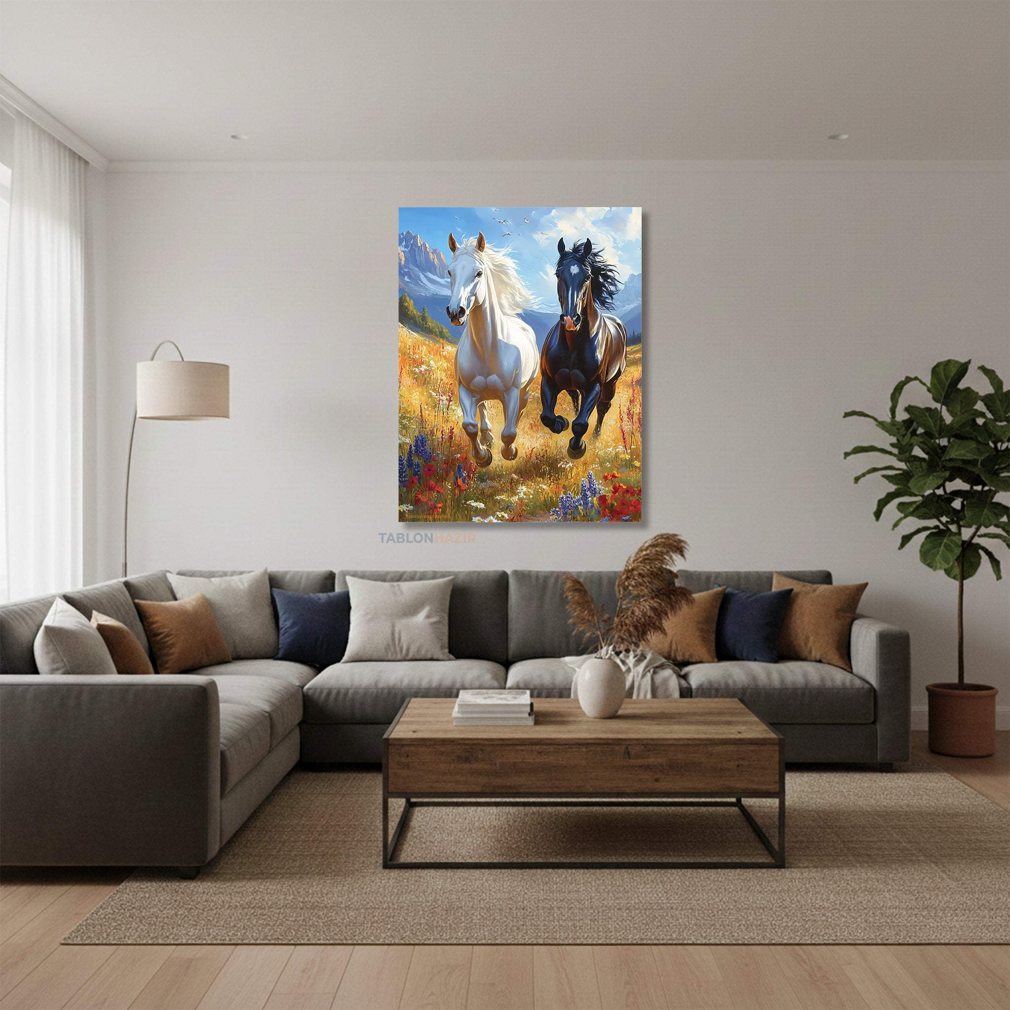 Dikey Kanvas Tablo Salon Duvar Tablosu Siyah Beyaz Kosan Atlar Yeni Ev Hediyesi Ofis Tablosu