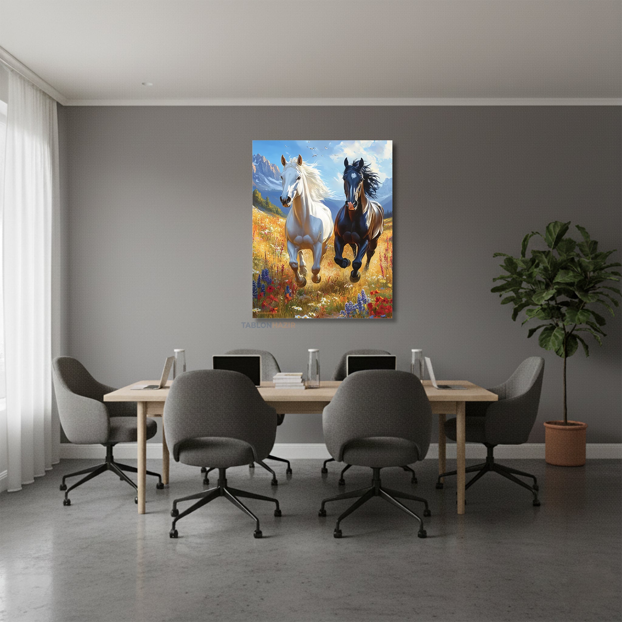 Dikey Kanvas Tablo Salon Duvar Tablosu Siyah Beyaz Kosan Atlar Yeni Ev Hediyesi Ofis Tablosu